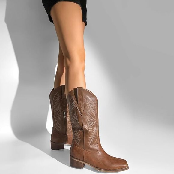 Women's Square Toe Western Cowgirl Cowboy Boots Mid Calf Brown - Picture 2 of 5